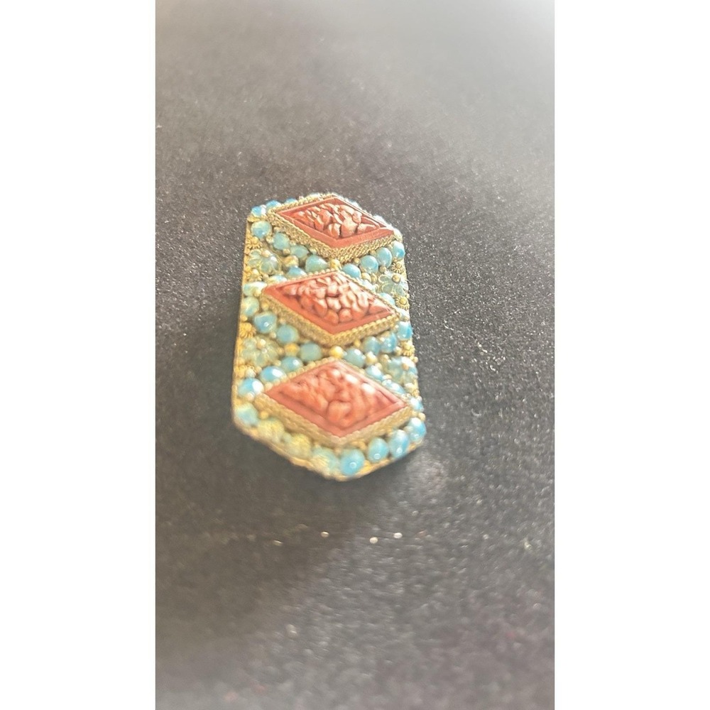 Vintage Nepal Brooch Pin Brass Coral & Turquoise Inlay Tibetan Tribal Jewelry - Picture 7 of 10